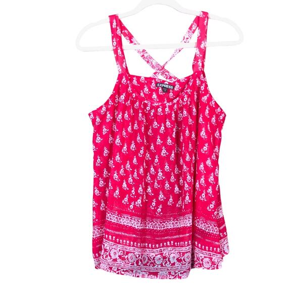 Express Womens Blouse Pink White Floral Scoop Neck Sleeveless Tank Large - Picture 1 of 12